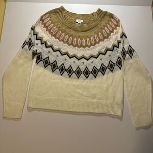 crown & ivy Women's Fair Isle Sweater - Cream, Brown, and Pink
